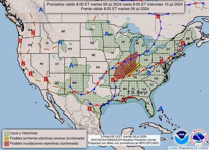 El mapa del pronóstico del clima en EE.UU. para este marrtes 9 de julio
