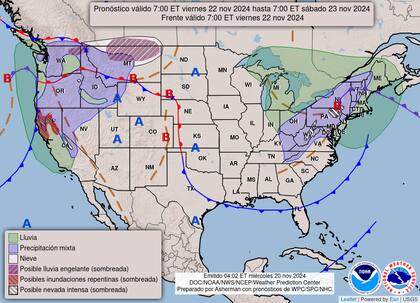 El mapa del pronóstico del clima en EE.UU. para este viernes 22 de noviembre