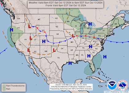 El mapa del pronóstico del clima en EE.UU. para este sábado 12 de octubre