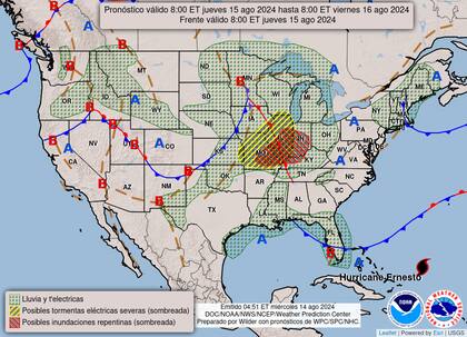 El mapa del pronóstico del clima en EE.UU. para este jueves 15 de agosto