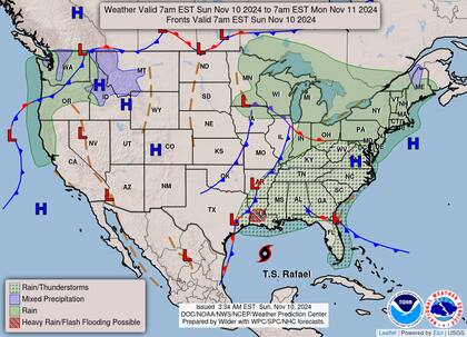 El mapa del pronóstico del clima en EE.UU. para este domingo 10 de noviembre.