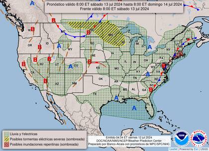 El mapa del pronóstico del clima en EE.UU. para este sábado 13 de julio
