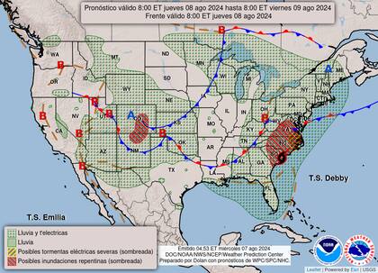 El mapa del pronóstico del clima en EE.UU. para este jueves 8 de agosto