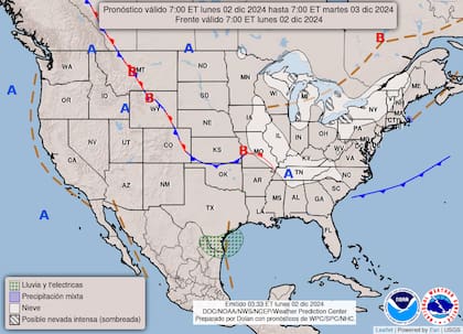El mapa del pronóstico del clima en EE.UU. para este lunes 2 de diciembre