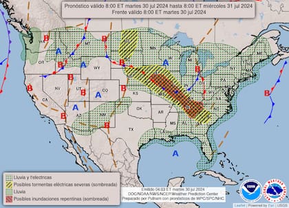 El mapa del pronóstico del clima en EE.UU. para este martes 30 de julio