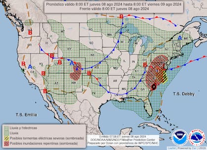 El mapa del pronóstico del clima en EE.UU. para este jueves 8 de agosto