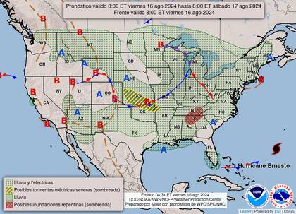 El mapa del pronóstico del clima en EE.UU. para este viernes 16 de agosto