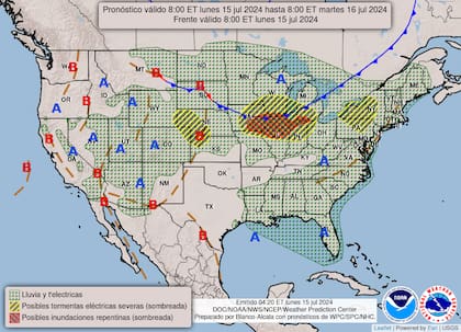 El mapa del pronóstico del clima en EE.UU. para este lunes 15 de julio