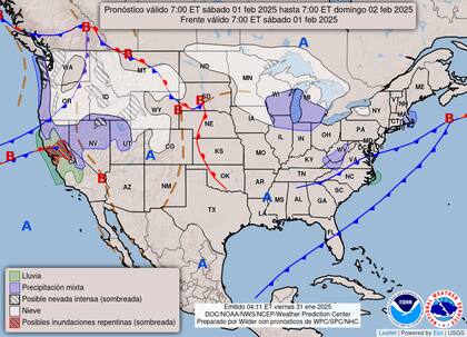 El mapa del pronóstico del clima en EE.UU. para este sábado 1° de febrero
