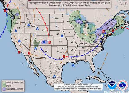 El mapa del pronóstico del clima en EE.UU. para este lunes 14 de octubre