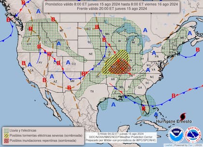 El mapa del pronóstico del clima en EE.UU. para este jueves 15 de agosto