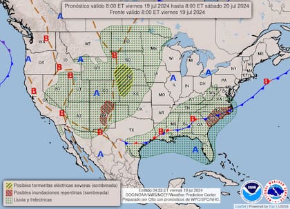 El mapa del pronóstico del clima en EE.UU. para este viernes 19 de julio
