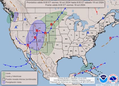 El mapa del pronóstico del clima en EE.UU. para este viernes 18 de octubre