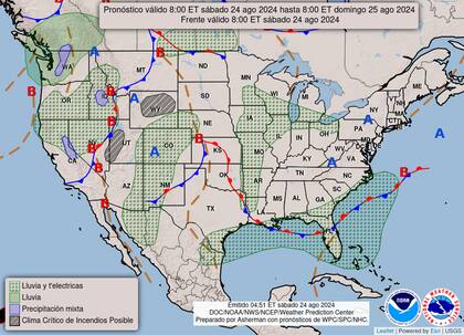 El mapa del pronóstico del clima en EE.UU. para este sábado 24 de agosto