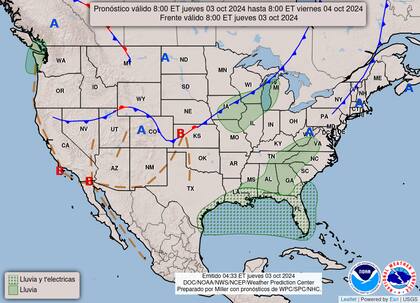 El mapa del pronóstico del clima en EE.UU. para este jueves 3 de octubre