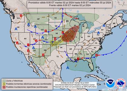 El mapa del pronóstico del clima en EE.UU. para este martes 2 de julio