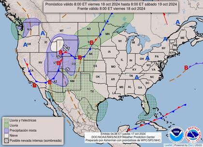 El mapa del pronóstico del clima en EE.UU. para este viernes 18 de octubre