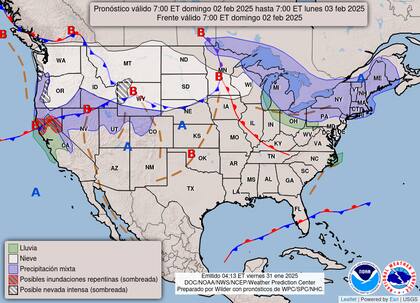 El mapa del pronóstico del clima en EE.UU. para este domingo 2 de febrero