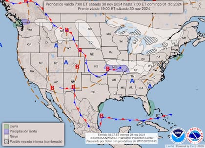 El mapa del pronóstico del clima en EE.UU. para este sábado 30 de noviembre