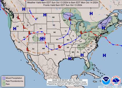 El mapa del pronóstico del clima en EE.UU. para este domingo 13 de octubre