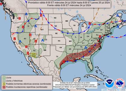 El mapa del pronóstico del clima en EE.UU. para este miércoles 24 de julio