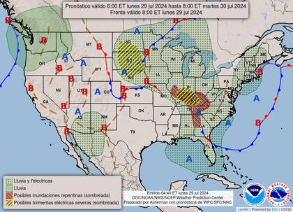 El mapa del pronóstico del clima en EE.UU. para este lunes 29 de julio