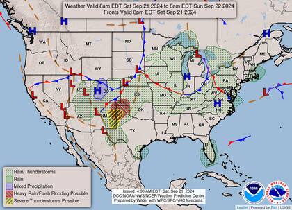 El mapa del pronóstico del clima en EE.UU. para este sábado 21 de septiembre