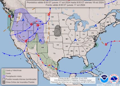 El mapa del pronóstico del clima en EE.UU. para este jeuves 17 de octubre