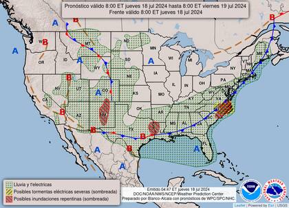 El mapa del pronóstico del clima en EE.UU. para este jueves 18 de julio