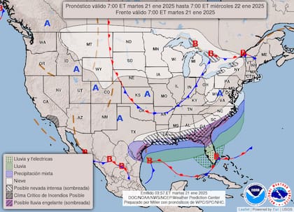 El mapa del pronóstico del clima en EE.UU. para este martes 21 de enero