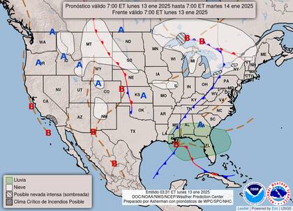 El mapa del pronóstico del clima en EE.UU. para este lunes 13 de enero