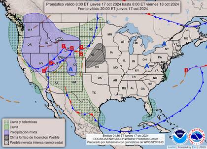 El mapa del pronóstico del clima en EE.UU. para este jueves 17 de octubre