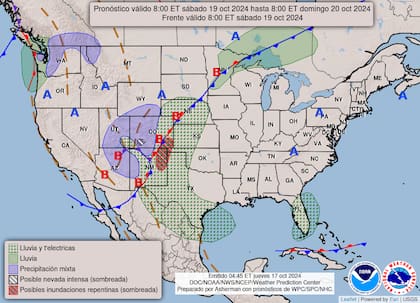 El mapa del pronóstico del clima en EE.UU. para este sábado 19 de octubre