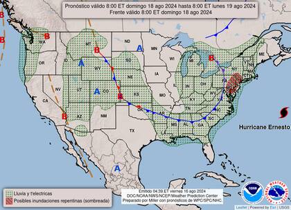 El mapa del pronóstico del clima en EE.UU. para este domingo 18 de agosto