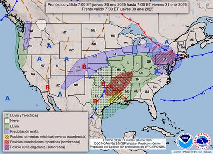 El mapa del pronóstico del clima en EE.UU. para este jueves 30 de enero