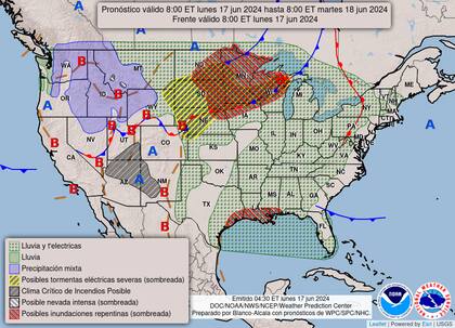 El mapa del pronóstico del clima en EE.UU. para este lunes 17 de junio