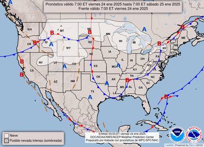 El mapa del pronóstico del clima en EE.UU. para este sábado 25 de enero