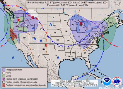 El mapa del pronóstico del clima en EE.UU. para este jueves 21 de noviembre