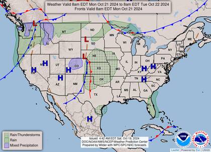 El mapa del pronóstico del clima en EE.UU. para este lunes 21 de octubre