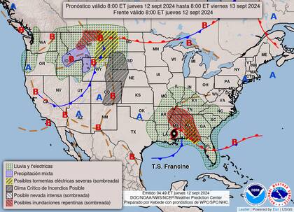 El mapa del pronóstico del clima en EE.UU. para este jueves 12 de septiembre