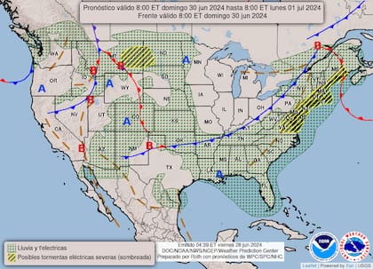 El mapa del pronóstico del clima en EE.UU. para este domingo 30 de junio