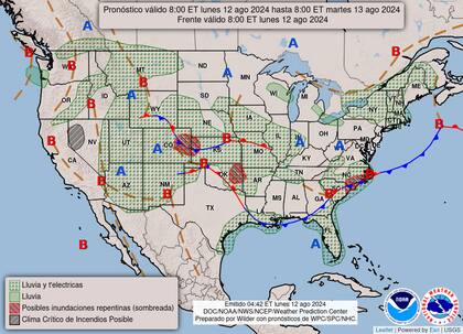 El mapa del pronóstico del clima en EE.UU. para este lunes 12 de agosto