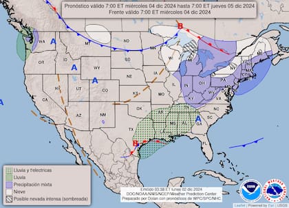 El mapa del pronóstico del clima en EE.UU. para este miércoles 4 de diciembre