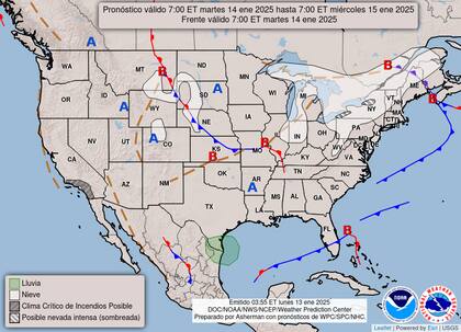 El mapa del pronóstico del clima en EE.UU. para este martes 14 de enero