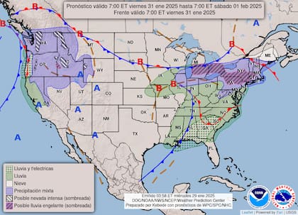 El mapa del pronóstico del clima en EE.UU. para este viernes 31 de enero