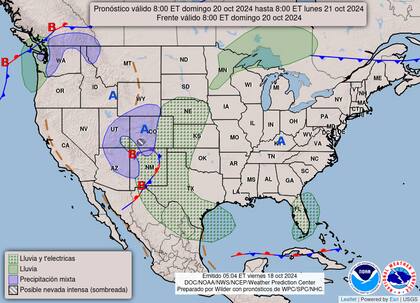 El mapa del pronóstico del clima en EE.UU. para este domingo 20 de octubre
