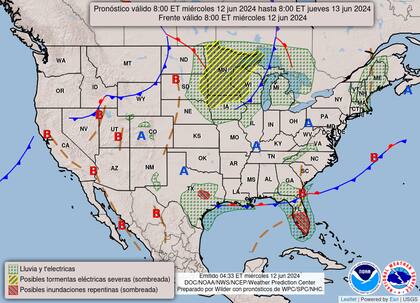 El mapa del pronóstico del clima en EE.UU. para este miércoles 12 de junio