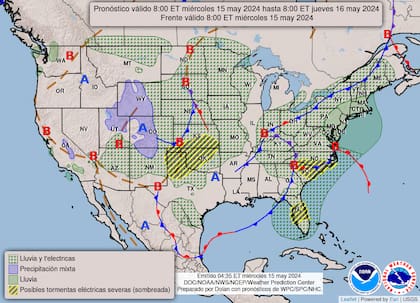 El mapa del pronóstico del clima para este miércoles 15 de mayo en Estados Unidos