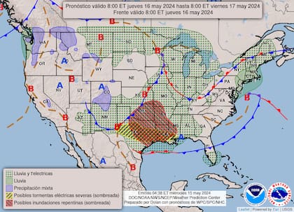 El mapa del pronóstico del clima para este jueves 16 de mayo en Estados Unidos