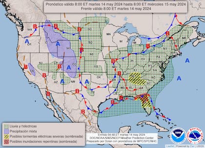 El mapa del pronóstico del clima para este martes 14 de mayo en Estados Unidos